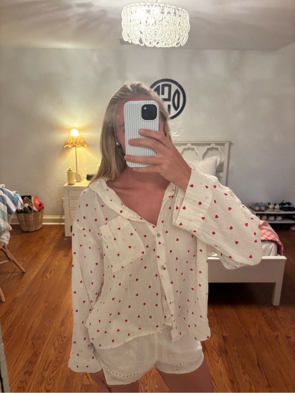 White Button-Down Shirt with Red Heart Print